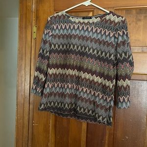 stretchy multi colored shirt. Easy Care. hardly worn, size large. Work to jeans